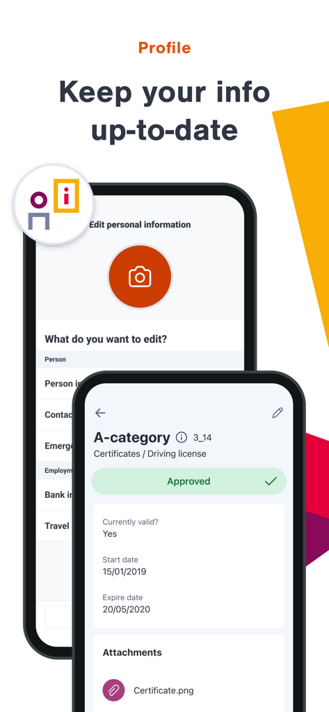 Interfaccia per la gestione delle informazioni del profilo personale e la visualizzazione dei certificati approvati nell'app Daily by SD Worx.