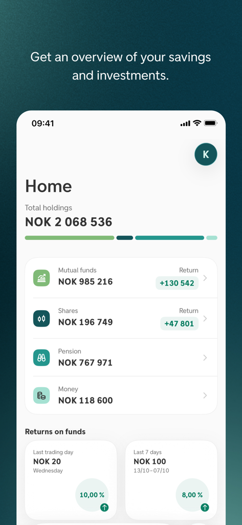 Spare - Dashboard of the Spare app showing total financial holdings across mutual funds shares and pension accounts with recent performance returns