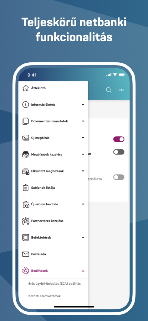 Captura de pantalla del menú lateral de MBH Vallalati App mostrando funciones de banca corporativa en húngaro.