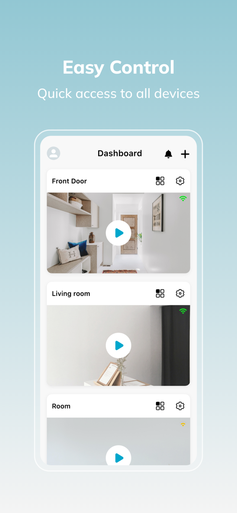Home V - Smart Camera - Tableau de bord de l'application mobile Home V smart camera affichant les flux vidéo en direct de différentes pièces