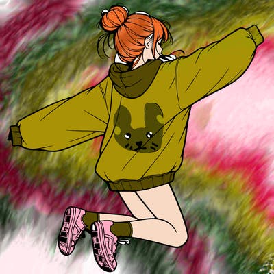 realistic girl jumping with a bun and oversized sweatshirt