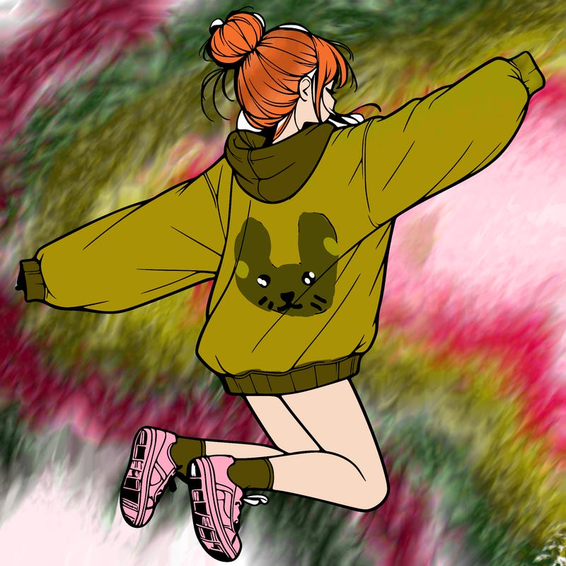 realistic girl jumping with a bun and oversized sweatshirt