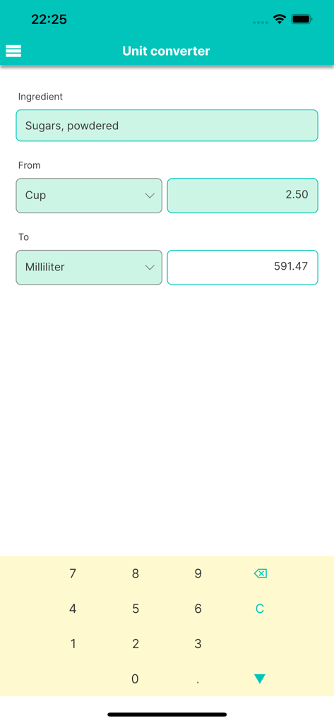 Cakeulator app unit converter screen showing 2.5 cups of powdered sugar converted to 591.47 milliliters