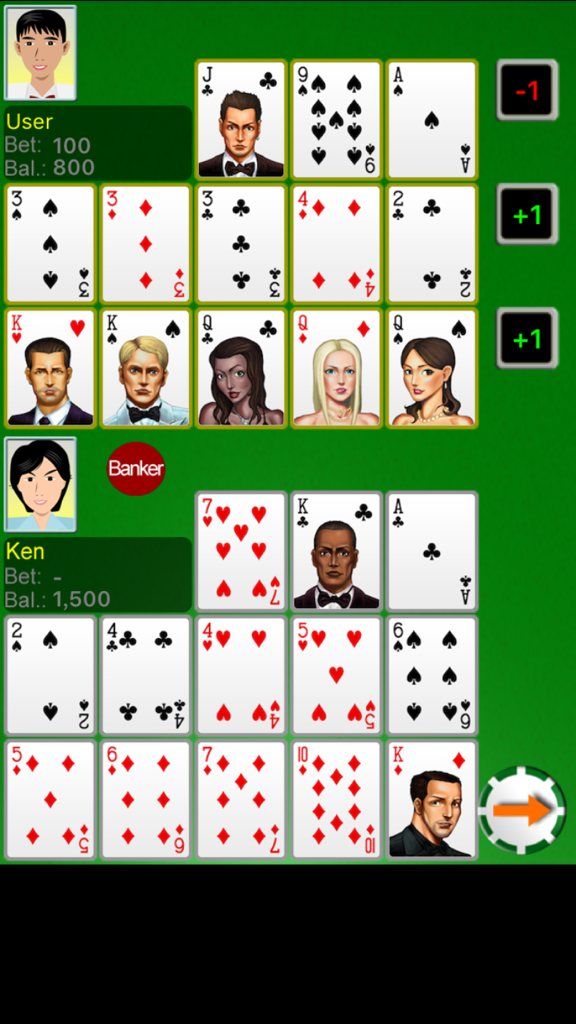 Chinese Poker - Best Pusoy,Thirteen,Pineapple,Russian Poker - Gameplay screen of Chinese Poker mobile app showing card hands for two players