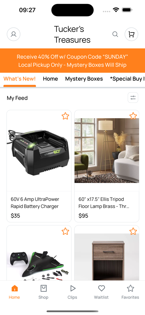 Tuckers Treasures boutique shopping app home screen showing product listings and a discount coupon banner
