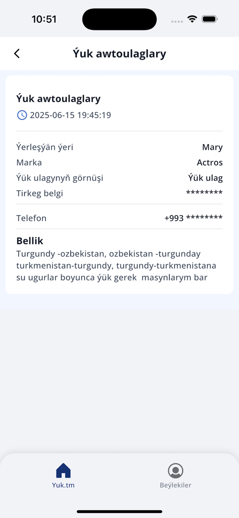 YUK.TM - Mobile app screen showing details for a freight truck listing including location and vehicle brand