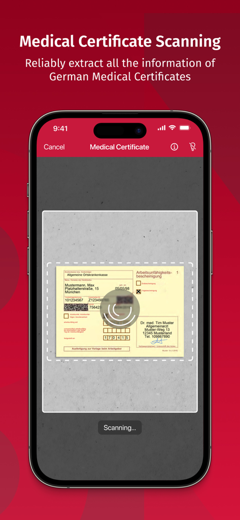A smartphone screen demonstrating automated data extraction from a medical certificate using Scanbot SDK.