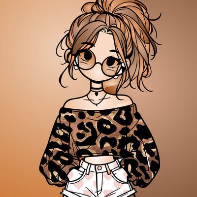 girl with a messy ponytail glasses a baggy crop top and jean shorts