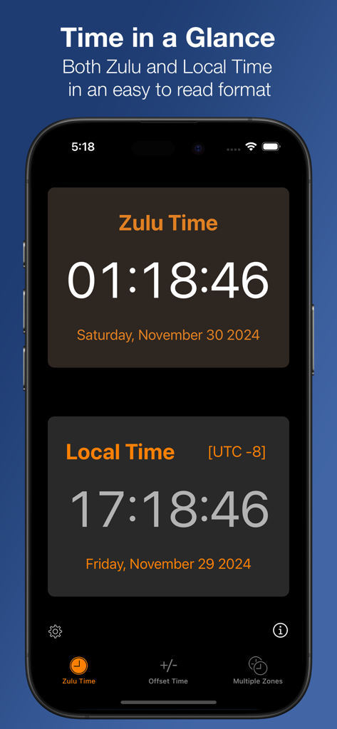 Pantalla del iPhone que muestra la hora Zulu y Local simultáneamente en una interfaz limpia