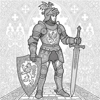 Embark on a medieval journey with this exquisite Gothic Knight coloring page designed for adults. Delve into the intricate details of ornate armor, a valiant shield, and a majestic sword, promising hours of mindful relaxation.