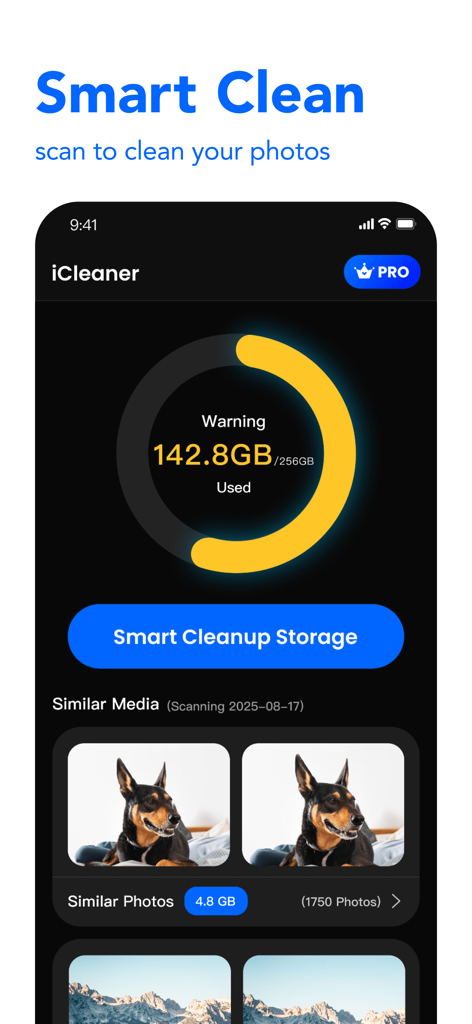AI Cleanup Storage - iCleaner - iCleaner app interface showing a storage warning and a button to start smart cleanup of similar photos