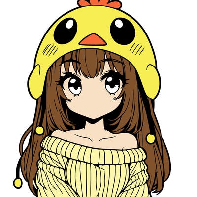 anime girl with chick shaped hat with sweater with bare shoulders with bangs covering them one eye with low tail
