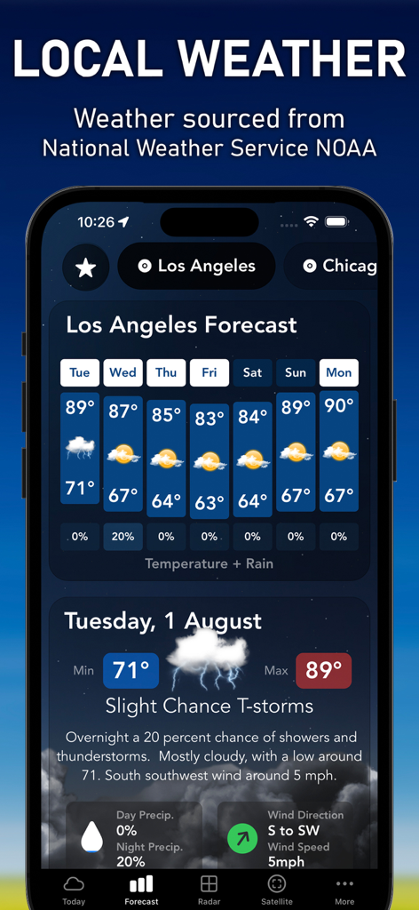 AIM Weather - AIM Weather app showing local Los Angeles weekly forecast with NOAA data