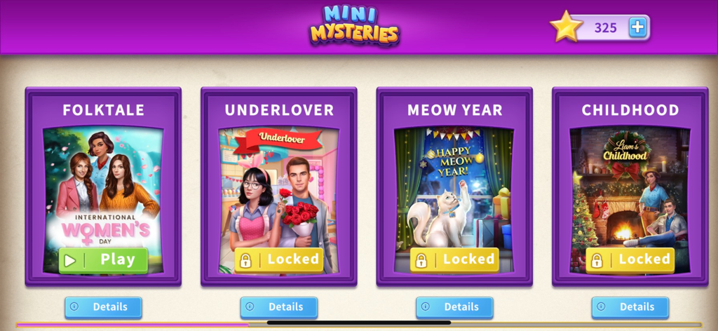 Puzzle Adventure Mysteries - 昔話やニャーイヤーのようなテーマのチャプターが表示されたパズルアドベンチャーミステリーのレベル選択画面。