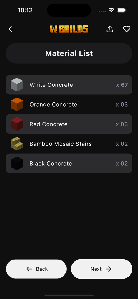 WBuilds 앱의 재료 목록 화면으로, 마인크래프트 건축 튜토리얼의 정확한 블록 수량을 보여줍니다.
