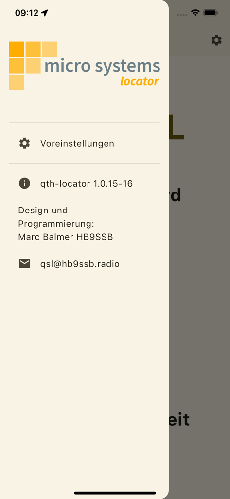 Side menu of the qth locator app showing version information and developer contact details