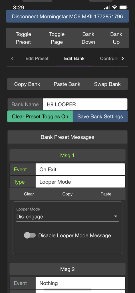 Morningstar MIDI Editor app screen showing bank edit options for a Morningstar MC6 MKII controller