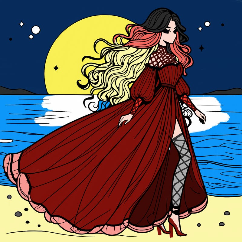 beautiful woman with a vaporous long dress walking on the beach at the noon, detailed art