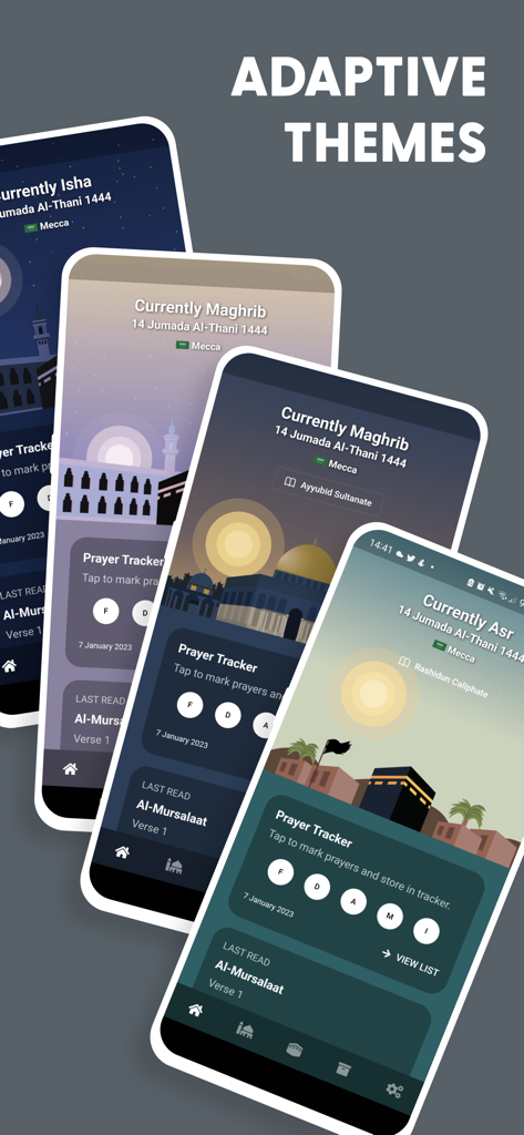 Four smartphone screens displaying various adaptive color themes for the Salam App prayer tracker and daily companion