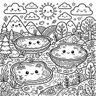Embark on a delightful coloring journey with our Kawaii Endorheic Lakes page, showcasing charming bodies of water with expressive faces amidst a joyful natural landscape. This adorable design invites colorists of all ages to bring a world of cuteness to life with their favorite hues.