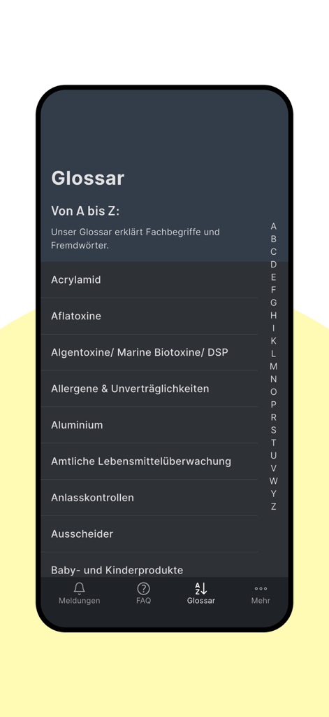 lebensmittelwarnung.de - Glossary screen of the lebensmittelwarnung app showing alphabetical food safety terms and definitions.