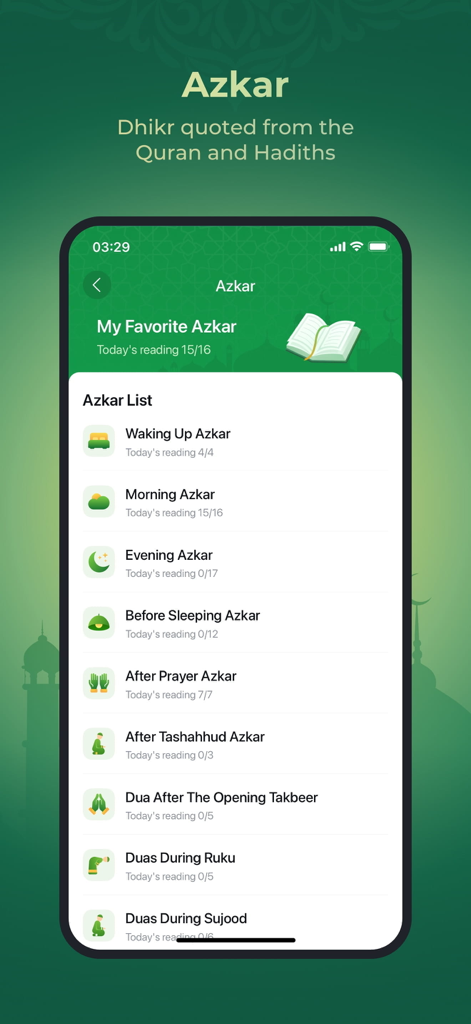 WeMuslim: Athan, Qibla&Quran - WeMuslimアプリのアズカールセクションに、毎日の祈りとディクルカテゴリのリストが表示されています。