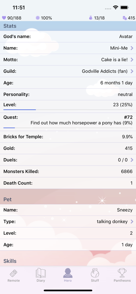 Godville - Pantalla de perfil del héroe de la aplicación Godville que muestra estadísticas del personaje, progreso de misiones e información de mascotas
