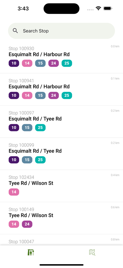 Victoria Transit (BC) - Victoria Transit app interface showing bus stops and route numbers