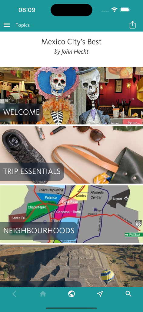Mexico City’s Best: Trip Guide - Main menu of the Mexico City travel guide app showing categories like Welcome, Trip Essentials, and a colorful neighborhood map.