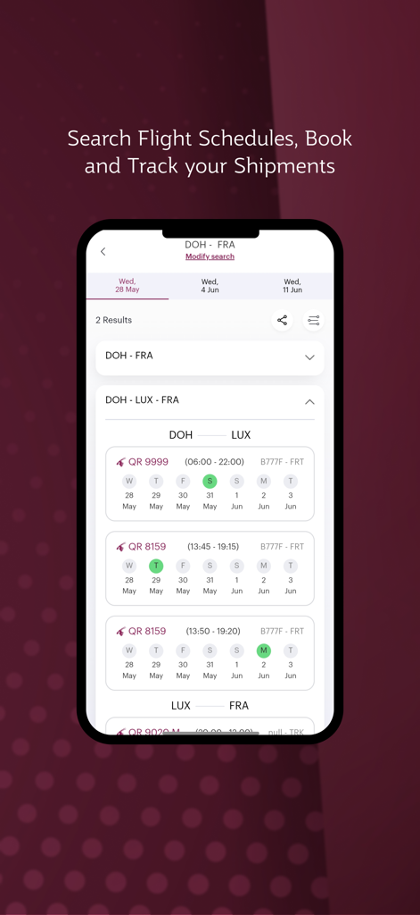 Interface of QR Cargo app displaying flight schedules and booking options for cargo shipments.