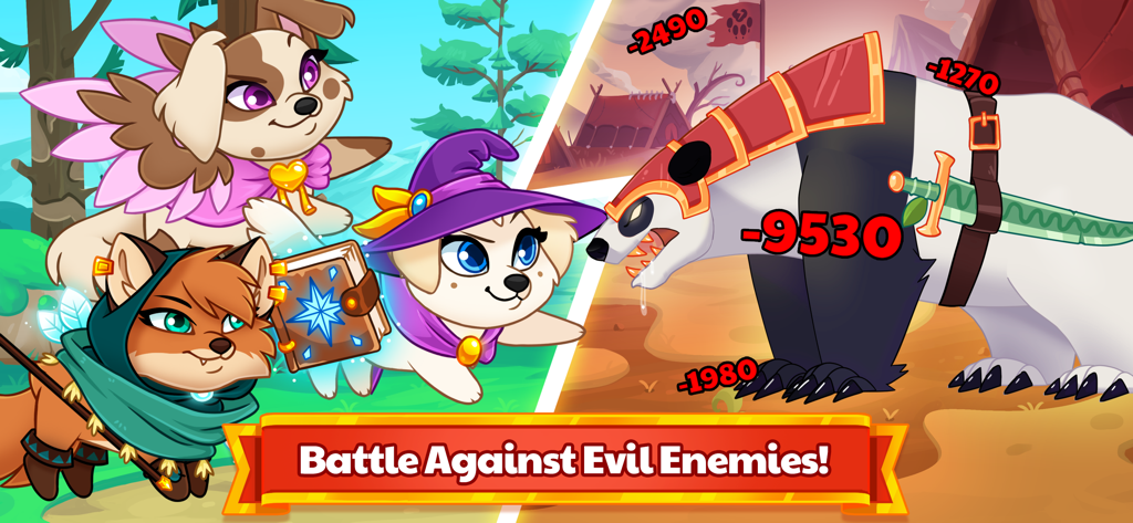 Dungeon Dogs - Idle Hero RPG - Cute dog heroes in fantasy costumes battling a giant armored enemy in Dungeon Dogs RPG