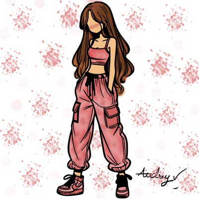 girl in baggy pants crop top and long hair