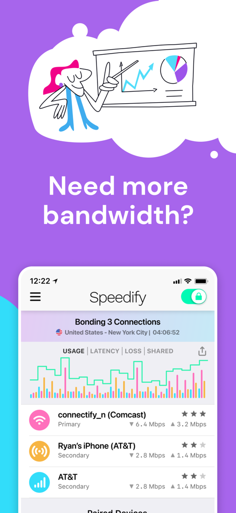 Speedify: Fast Bonding VPN - Speedify app interface showing multiple internet connections bonded together for increased bandwidth