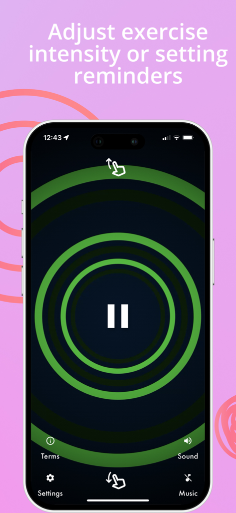 EyeFit Trainer - Smartphone screen showing the EyeFit Trainer interface for adjusting exercise intensity and setting reminders with a green circular graphic