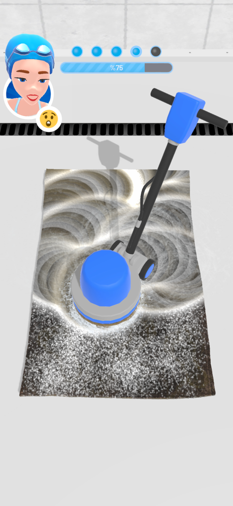 A rotary cleaning machine scrubbing a dirty rug in a satisfying mobile game