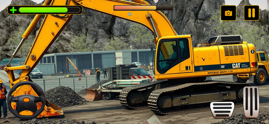 Excavator Simulator Truck Game - A yellow excavator simulator gameplay showing a heavy machinery vehicle at a construction site with digital controls