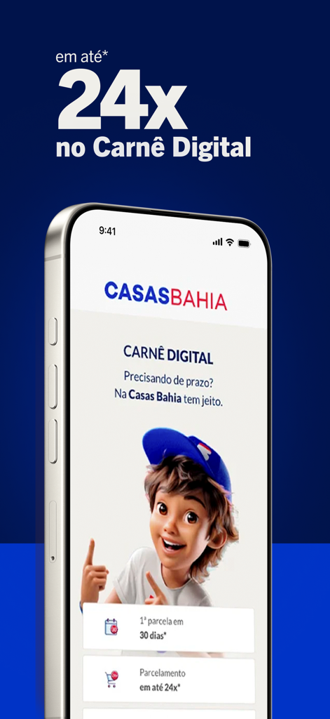 Casas Bahia: Compras Online - Casas Bahiaアプリの画面に、最大24回の支払いオプションが表示されています。