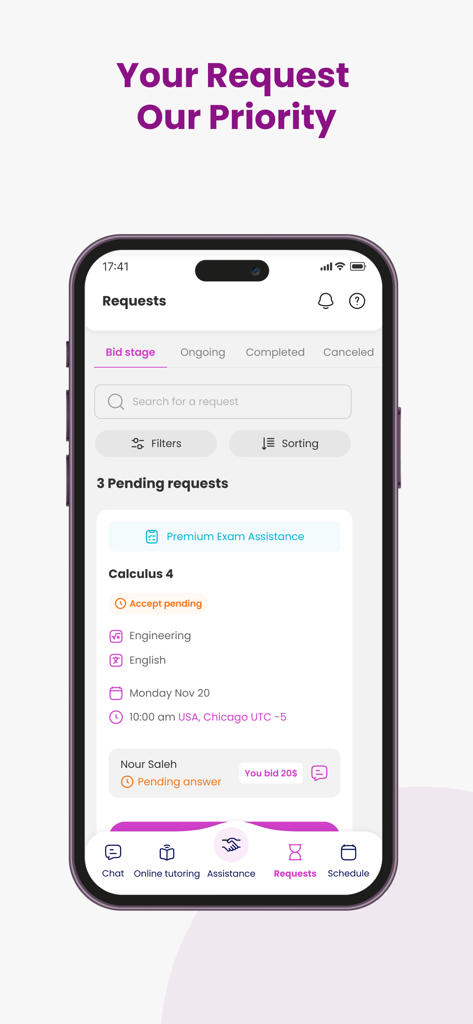 OEG - Find Expert Tutors - Mobile app screen showing pending tutor requests and bids for academic assistance on OEG