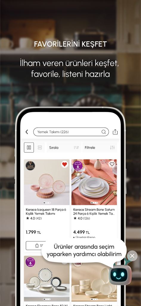 Karaca: Ev & Yaşam Alışverişi - Pantalla de la aplicación Karaca que muestra resultados de productos de vajilla y un asistente de chatbot de compras