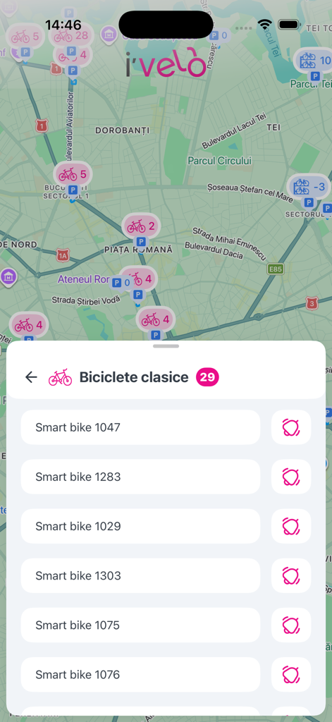 i'velo Mobile App-Oberfläche mit Stadtkarte, Fahrradverleihstationen und verfügbaren Smart-Bikes