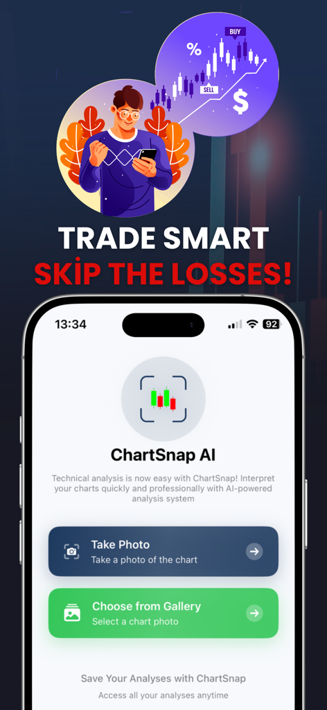 Interfaz de la aplicación móvil ChartSnap AI con opciones para tomar una foto o cargar un gráfico para análisis técnico instantáneo