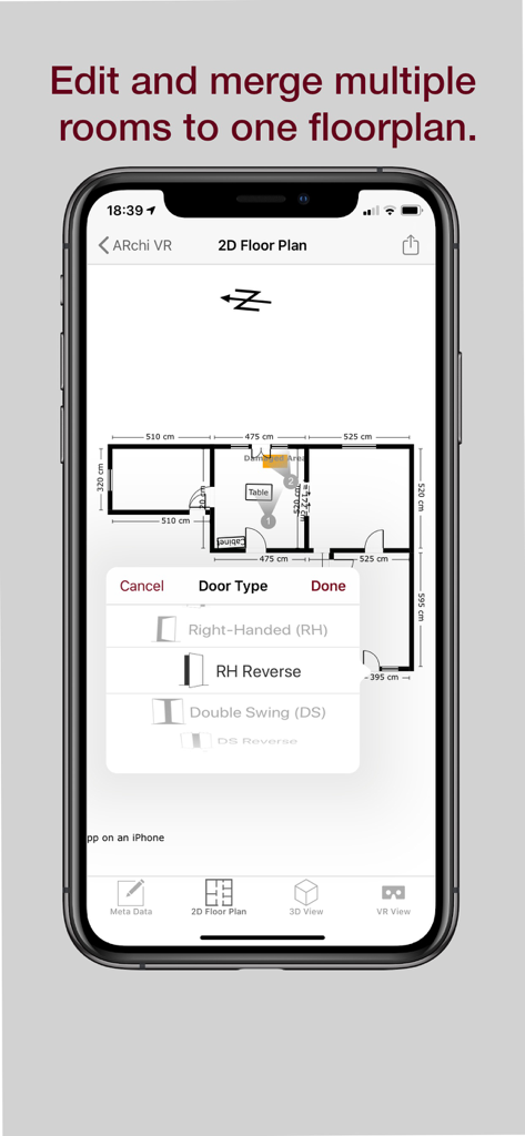 ARchi VR - Create & Browse AR - ARchi VR app interface displaying a 2D floor plan with room dimensions and a door type selection menu on an iPhone