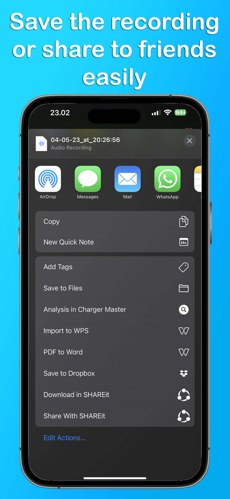 Sharing menu on iPhone for an audio recording in the Music Recorder app