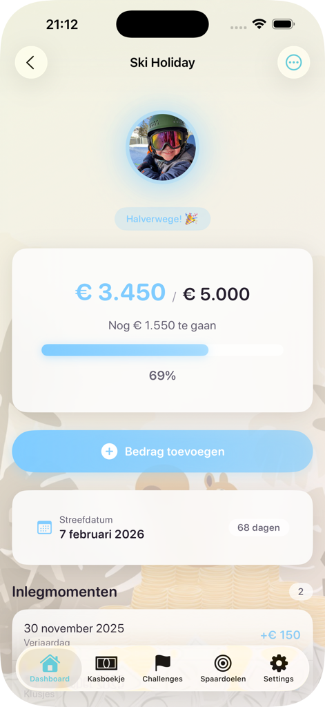 Budget Challenge App - Budget Challenge app interface displaying a specific savings goal for a ski holiday with a visual progress bar