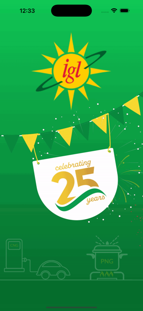 IGL Connect - IGL Connect app splash screen celebrating 25 years of gas distribution services with CNG and PNG icons