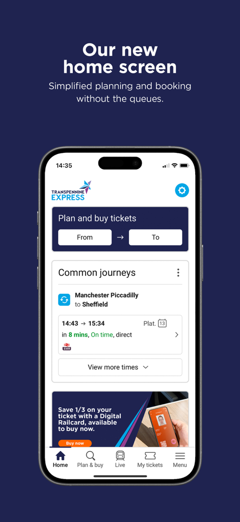TransPennine Express - Schermata principale dell'app mobile TransPennine Express che mostra la pianificazione dei biglietti e i viaggi comuni
