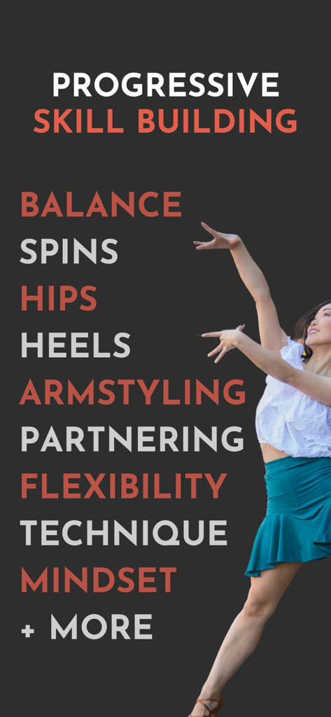 Hips+Heels: Latin Dance Basics - List of progressive skill building modules for Latin dance including balance spins and heels