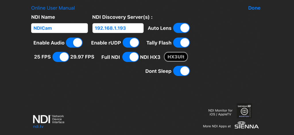 NDICam settings menu showing NDI discovery server and video broadcast options