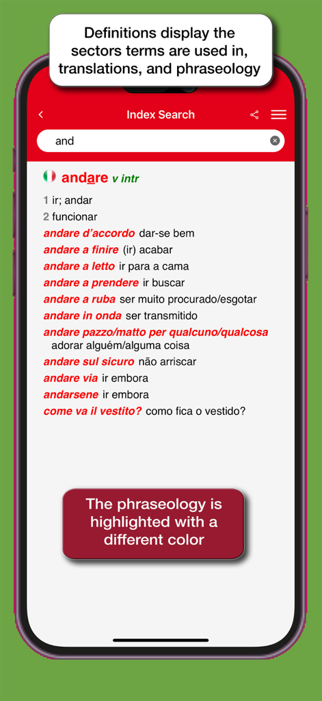 Hoepli Portuguese-Italian dictionary app screen showing translations and highlighted phraseology for the word andare.