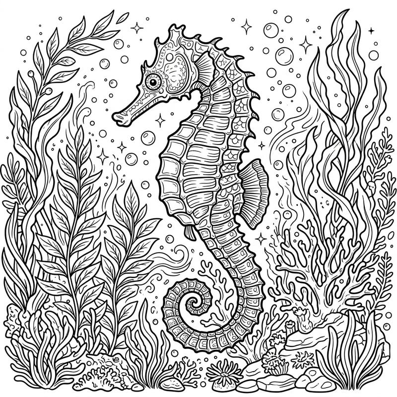 Embark on an artistic journey with this captivating Common Seahorse coloring page, crafted especially for teens who love intricate designs. Unleash your creativity as you bring this detailed underwater scene to life with your favorite colors.
